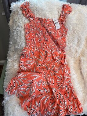 LOFT Coral Print Ruffle Sundress with Black and White Leaf Motif